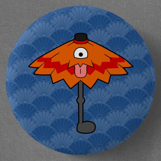 Japanese Umbrella Ghost Yokai Pinback Button (Cute Umbrella Ghost Kasa-obake Yokai Can Badge- Detail View)
