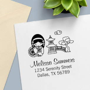 Japanese Umbrella Girl in Kimono Address Self-inking Stamp