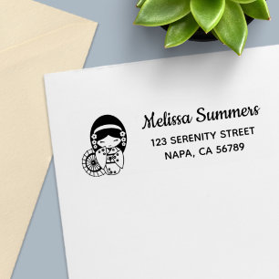 Japanese Umbrella Girl in Kimono Address Self-inking Stamp