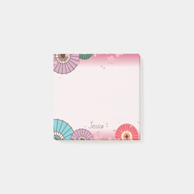 Japanese Umbrellas and Cherry Blossom Personalised Post-it Notes (Front)