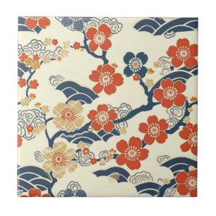 Japanese Ume Plum Blossoms Navy Wave Cream Ceramic Tile