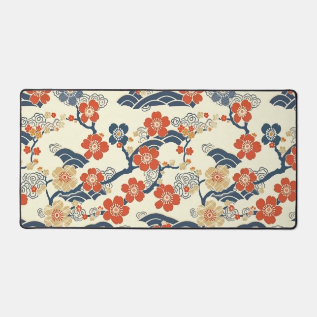 Japanese Ume Plum Blossoms Navy Wave Cream Desk Mat (Front)
