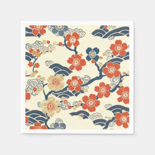 Japanese Ume Plum Blossoms Navy Wave Cream Napkins