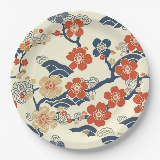 Japanese Ume Plum Blossoms Navy Wave Cream Paper Plates (Front)