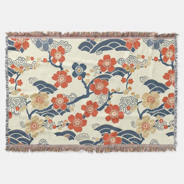 Japanese Ume Plum Blossoms Navy Wave Cream Throw Blanket (Front)