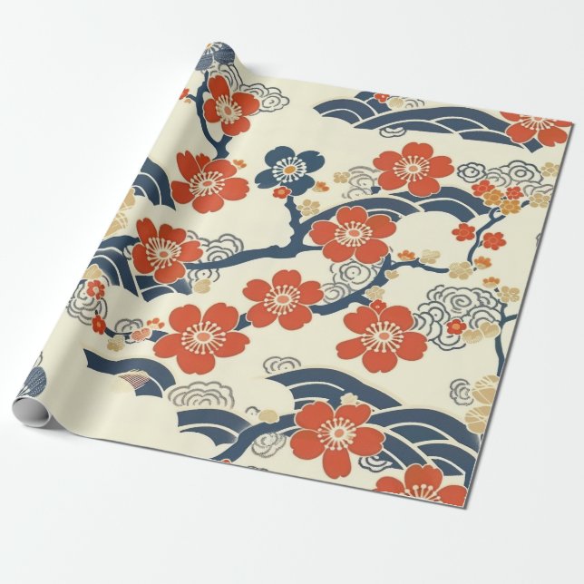 Japanese Ume Plum Blossoms Navy Wave Cream Wrapping Paper (Unrolled)