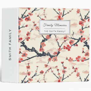 Japanese Ume Red Coral Blossom Ivory Wave Pattern 3 Ring Binder