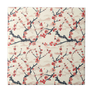 Japanese Ume Red Coral Blossom Ivory Wave Pattern Ceramic Tile
