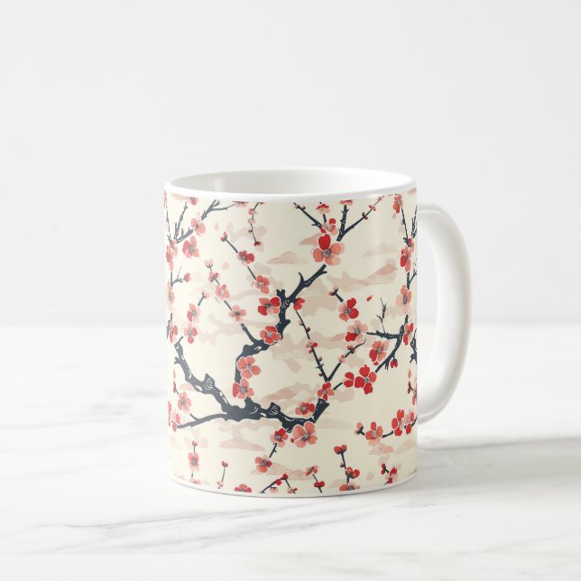 Japanese Ume Red Coral Blossom Ivory Wave Pattern Coffee Mug (Front Right)