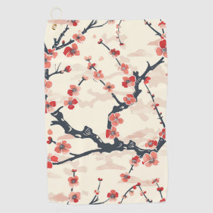 Japanese Ume Red Coral Blossom Ivory Wave Pattern Golf Towel