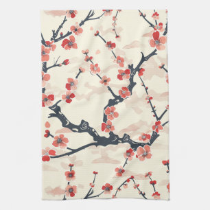 Japanese Ume Red Coral Blossom Ivory Wave Pattern Kitchen Towel