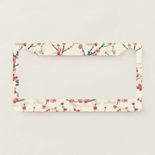 Japanese Ume Red Coral Blossom Ivory Wave Pattern License Plate Frame