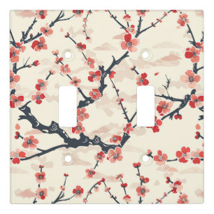 Japanese Ume Red Coral Blossom Ivory Wave Pattern Light Switch Cover
