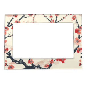 Japanese Ume Red Coral Blossom Ivory Wave Pattern Magnetic Frame