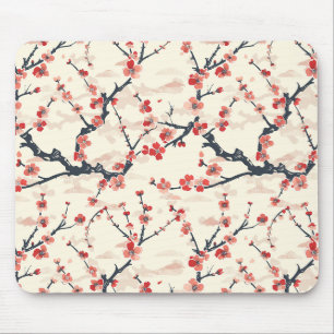 Japanese Ume Red Coral Blossom Ivory Wave Pattern Mouse Pad