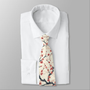 Japanese Ume Red Coral Blossom Ivory Wave Pattern Neck Tie