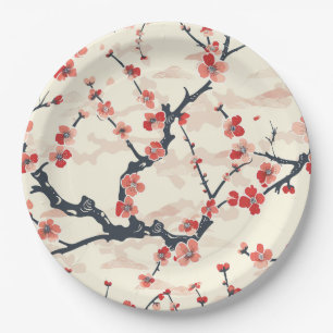 Japanese Ume Red Coral Blossom Ivory Wave Pattern Paper Plates