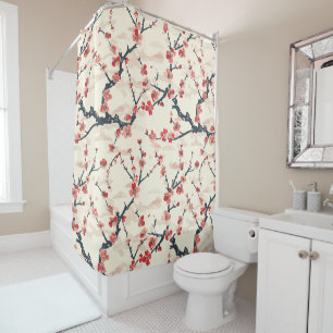 Japanese Ume Red Coral Blossom Ivory Wave Pattern Shower Curtain