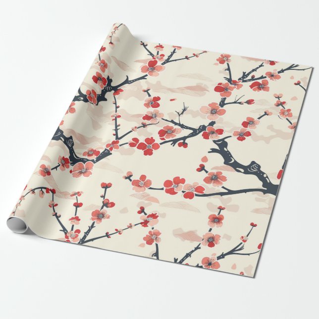 Japanese Ume Red Coral Blossom Ivory Wave Pattern Wrapping Paper (Unrolled)