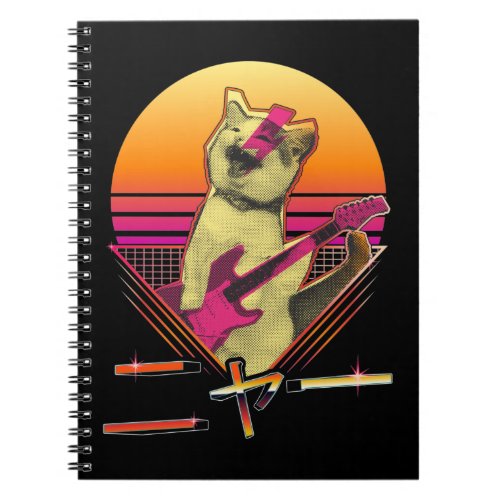 Japanese Vaporwave Electric Guitar playing Cat Meo Notebook