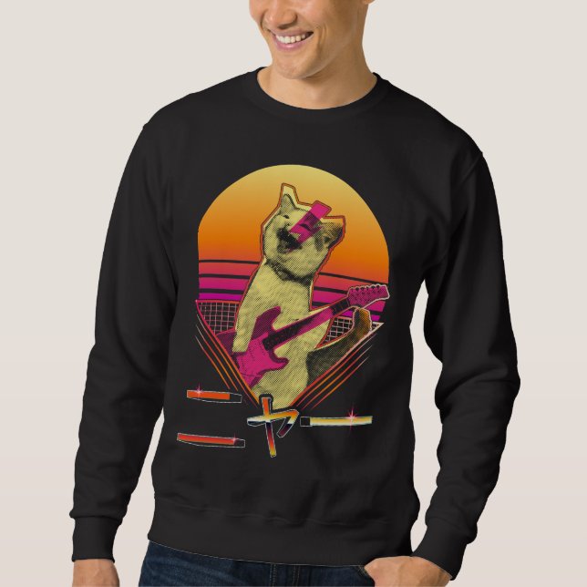 Japanese Vaporwave Electric Guitar playing Cat Meo Sweatshirt (Front)