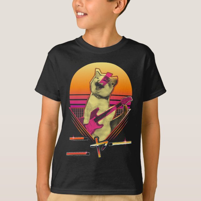 Japanese Vaporwave Electric Guitar playing Cat Meo T-Shirt (Front)