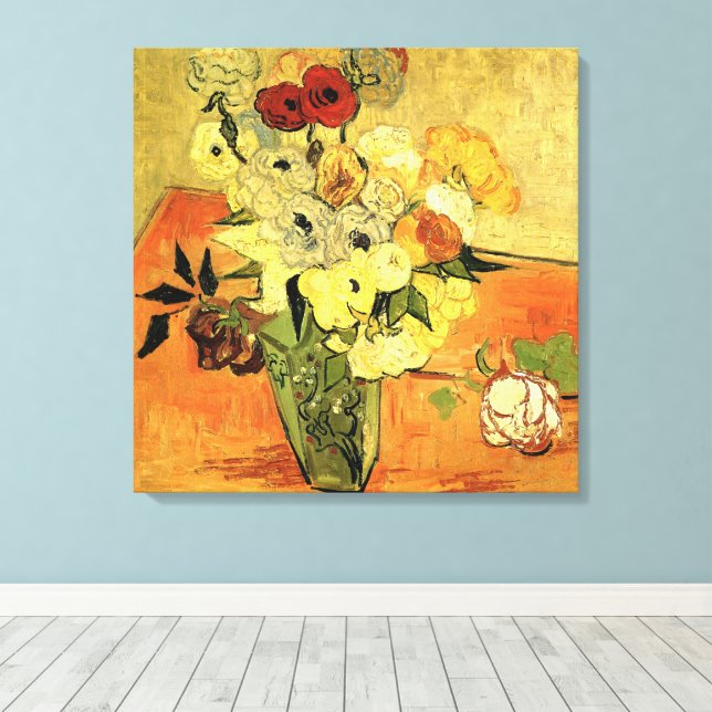 Japanese Vase, Roses, Anemones by Vincent van Gogh Canvas Print (Insitu(Wood Floor))