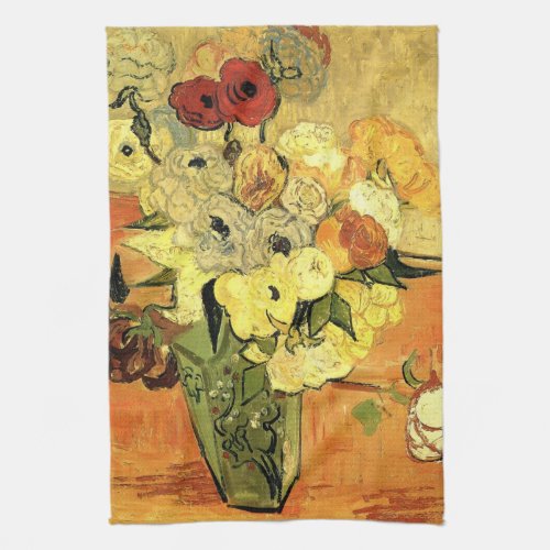 Japanese Vase Roses Anemones by Vincent van Gogh Kitchen Towel