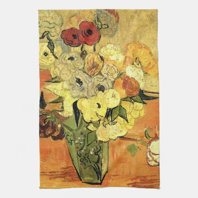 Japanese Vase, Roses, Anemones by Vincent van Gogh Kitchen Towel (Vertical)