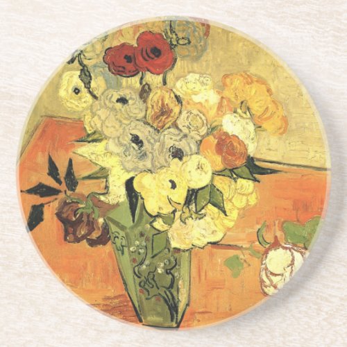 Japanese Vase Roses Anemones by Vincent van Gogh Sandstone Coaster