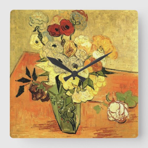 Japanese Vase Roses Anemones by Vincent van Gogh Square Wall Clock
