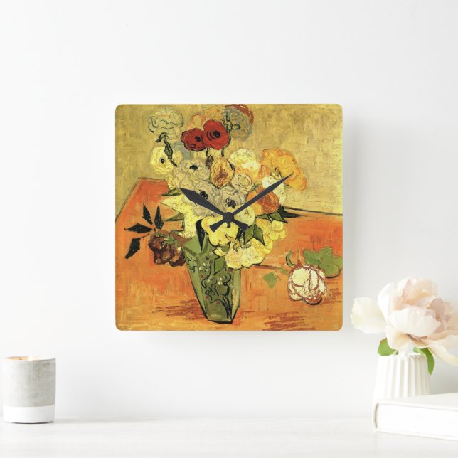Japanese Vase, Roses, Anemones by Vincent van Gogh Square Wall Clock (Home)