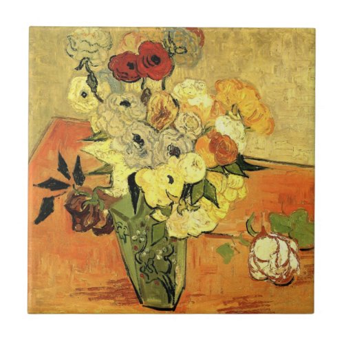 Japanese Vase Roses Anemones by Vincent van Gogh Tile