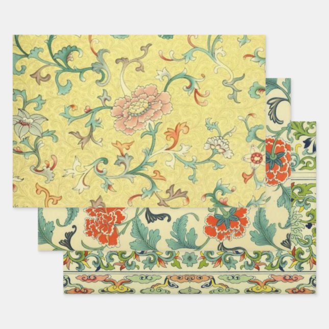  Japanese Vines, Birds& Pimpernel Patterns Wrapping Paper Sheets (Set)