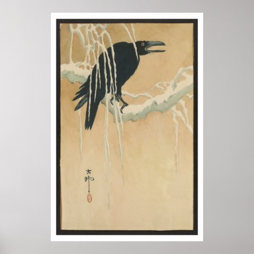 Japanese Vintage Art Image  of Black Crow in Snow Poster