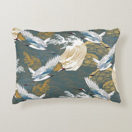 Japanese Vintage Crane Birds Pattern Accent Pillow