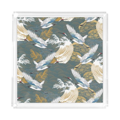 Japanese Vintage Crane Birds Pattern Acrylic Tray