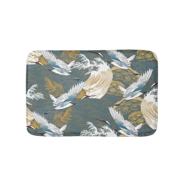 Japanese Vintage Crane Birds Pattern Bath Mat (Front)