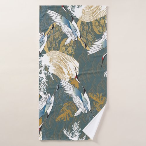 Japanese Vintage Crane Birds Pattern Bath Towel