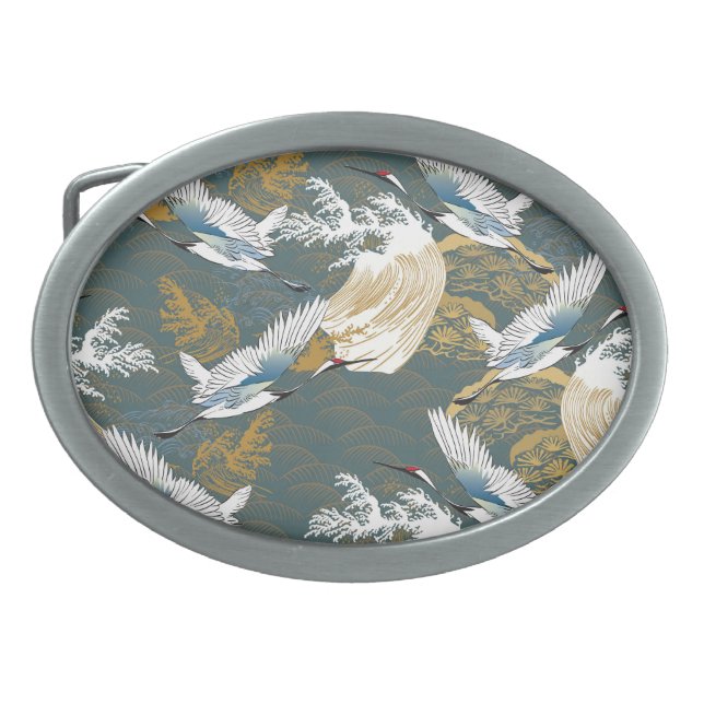 Japanese Vintage Crane Birds Pattern Belt Buckle (Front)