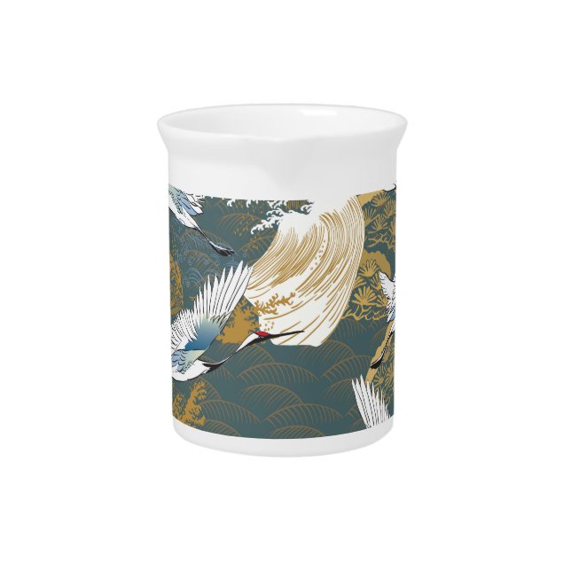 Japanese Vintage Crane Birds Pattern Beverage Pitcher (Front)