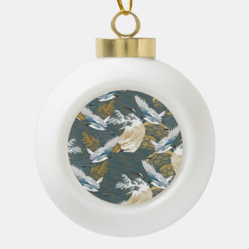 Japanese Vintage Crane Birds Pattern Ceramic Ball Christmas Ornament