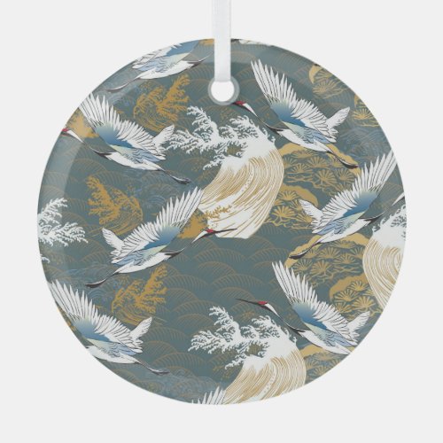 Japanese Vintage Crane Birds Pattern Glass Ornament