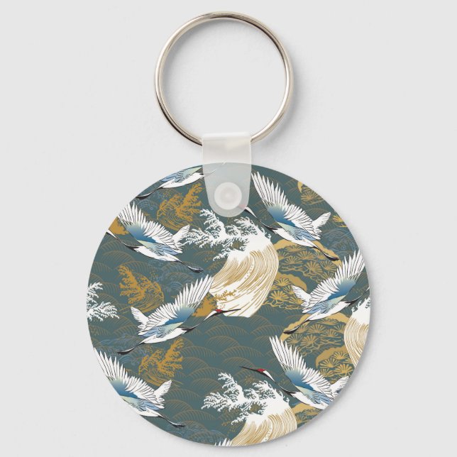 Japanese Vintage Crane Birds Pattern Keychain (Front)