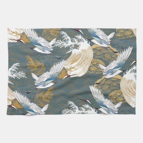 Japanese Vintage Crane Birds Pattern Kitchen Towel