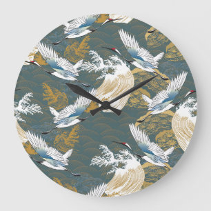Japanese Vintage Crane Birds Pattern Large Clock