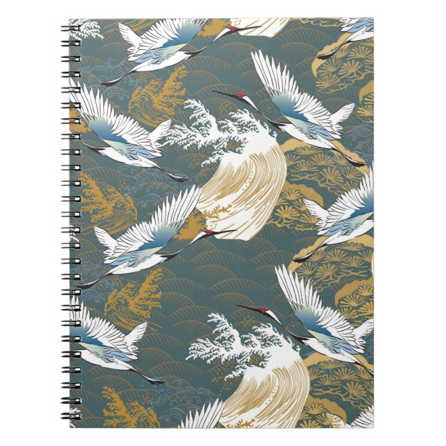 Japanese Vintage Crane Birds Pattern Notebook (Front)