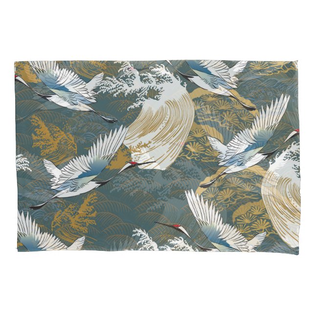 Japanese Vintage Crane Birds Pattern Pillow Case (Front)