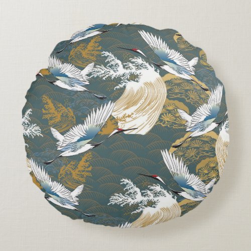 Japanese Vintage Crane Birds Pattern Round Pillow