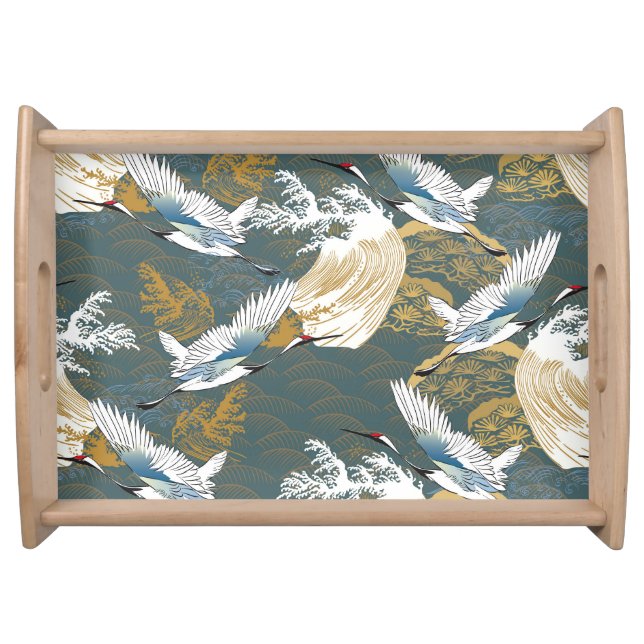 Japanese Vintage Crane Birds Pattern Serving Tray (Front)